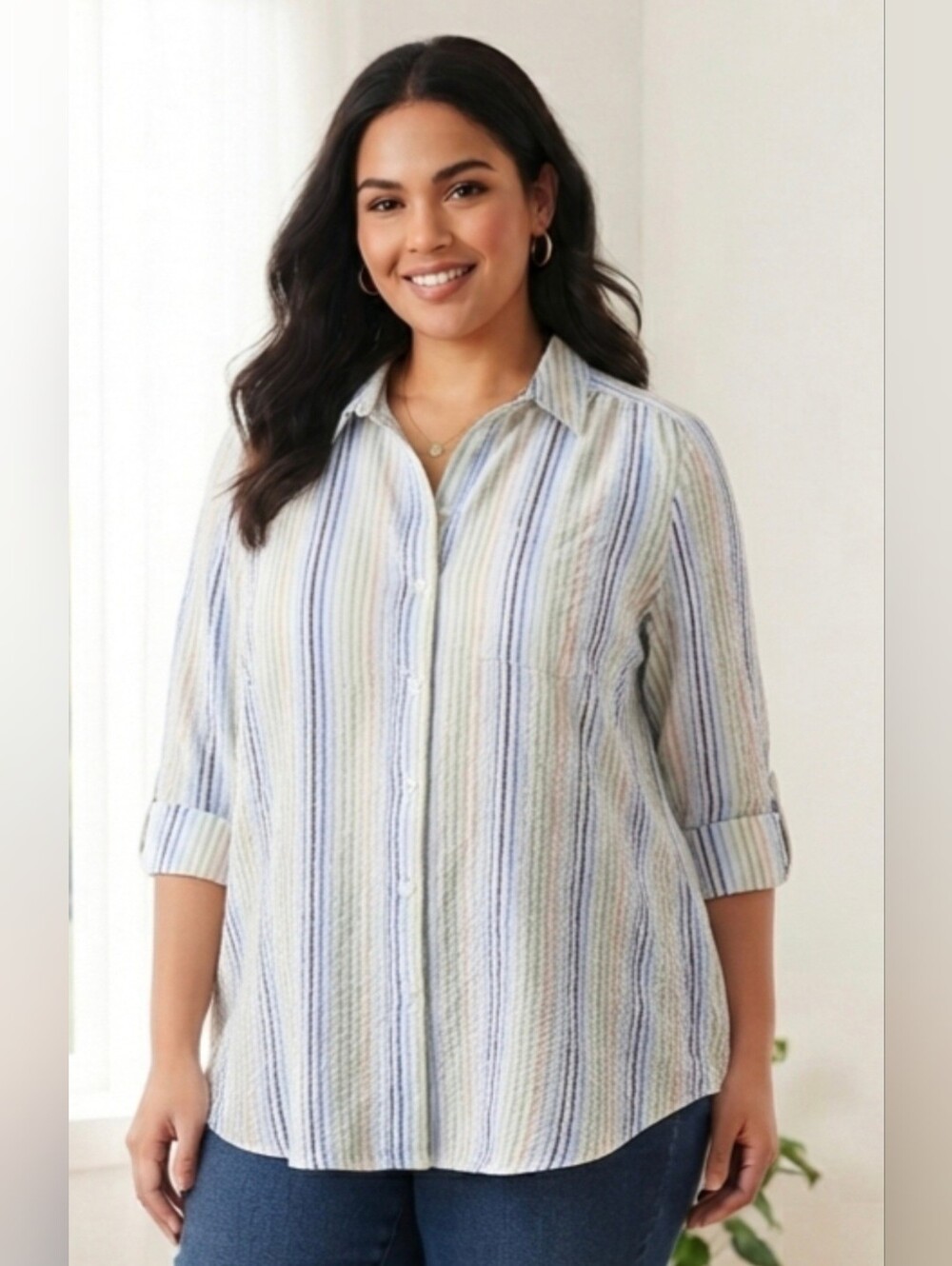100% Cotton Woman Within Button Down Seersucker Blouse Plus Size Casual Fall